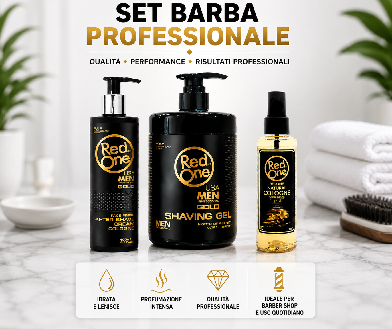 Set Barba Professionale Redone Gold - Gel Rasatura 1000ml + Dopobarba Crema + Dopobarba Cologne Spray ( Omaggio)