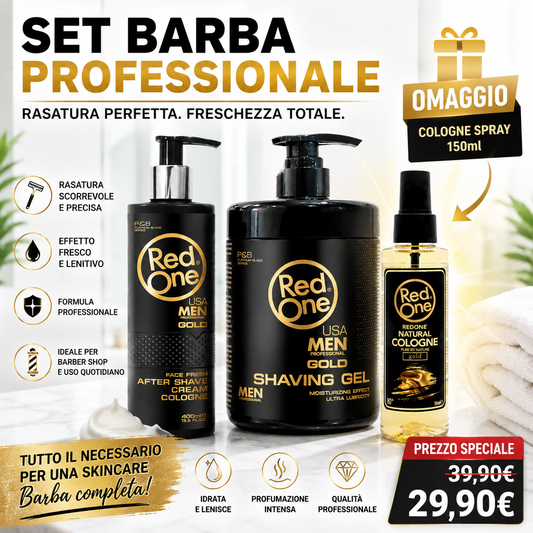 Set Barba Professionale Redone Gold - Gel Rasatura 1000ml + Dopobarba Crema  + Dopobarba Cologne Spray ( Omaggio)